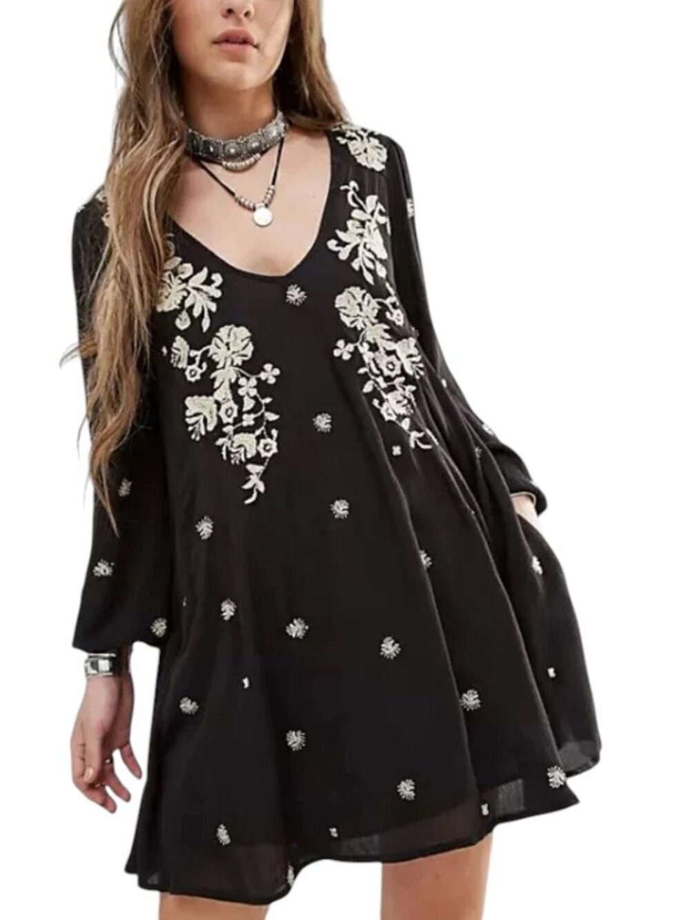 Free People Sweet Tennessee Boho Embroidered Long Sleeve Dress Large Flowy